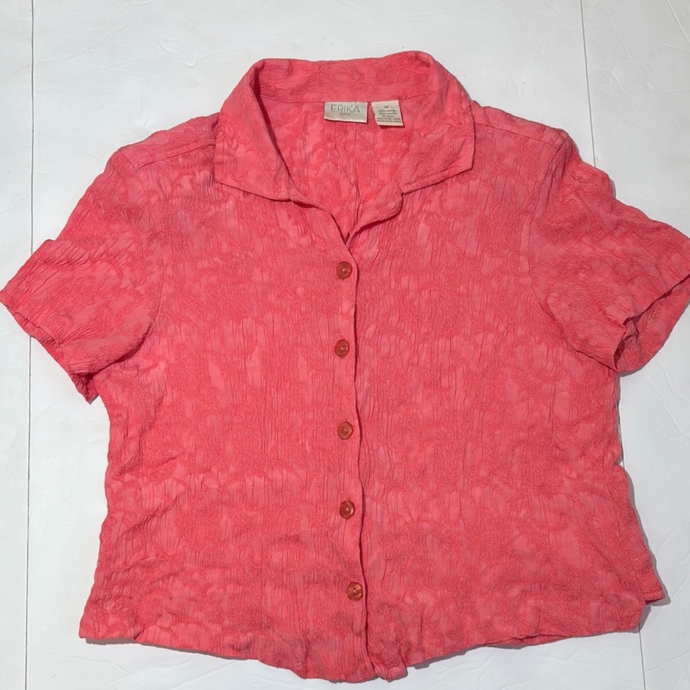 Vintage pink smocked open back cropped short sleeve button down relaxed blouse M - Picture 4 of 14